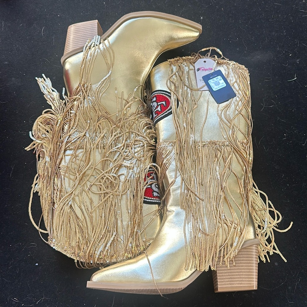 Brand new NFL 49er gold fringe boots